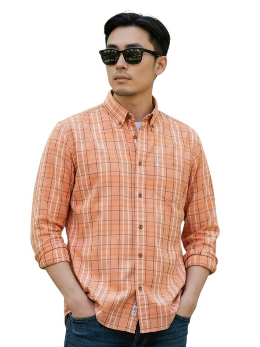 Ben Sherman Cotton Long Sleeve Button-down Preppy Peach Plaid Men's Medium